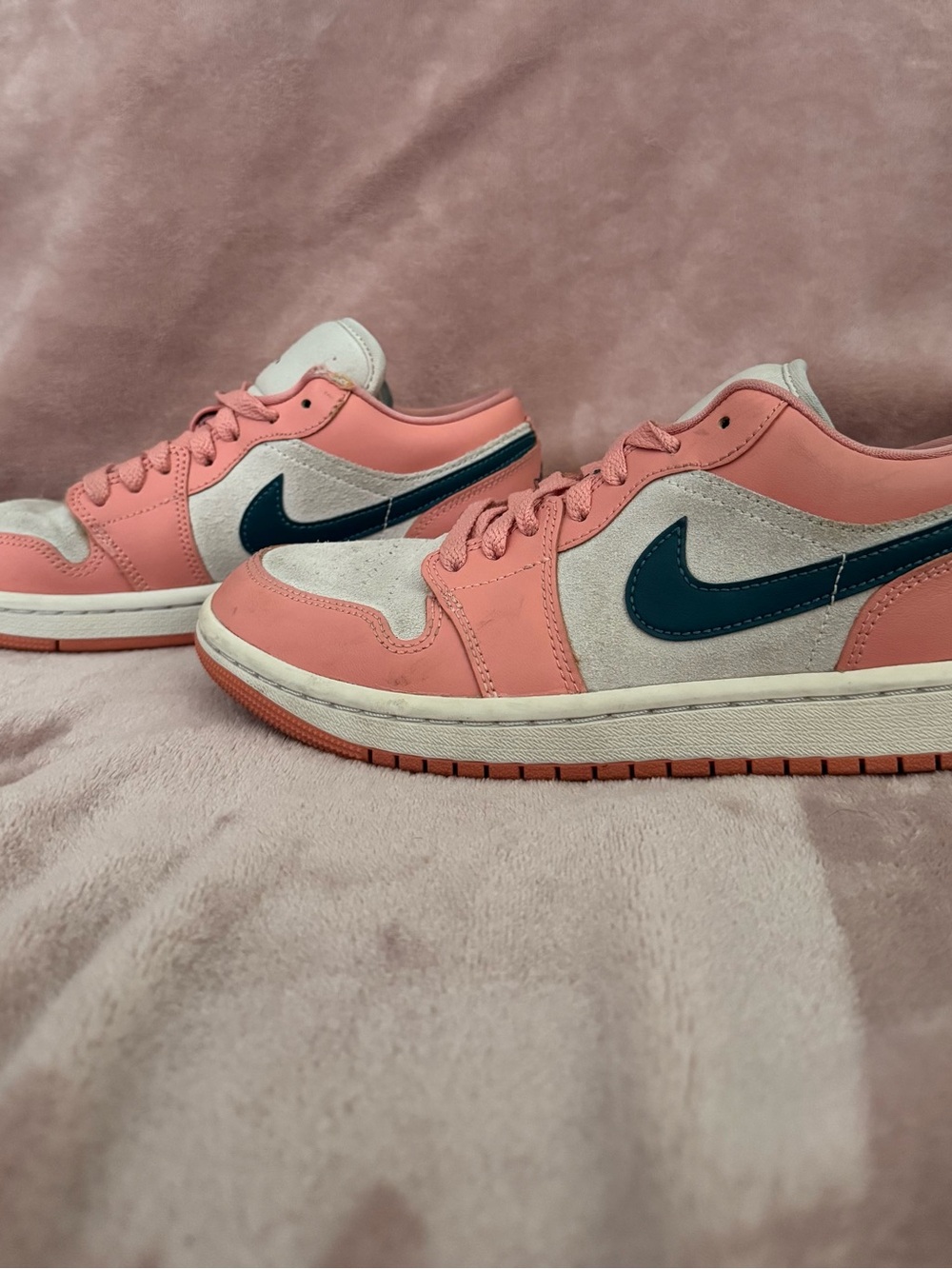 Air Jordan Low Top Sneakers in Pink and Cream, Teal Swoosh - Picture 3 of 8